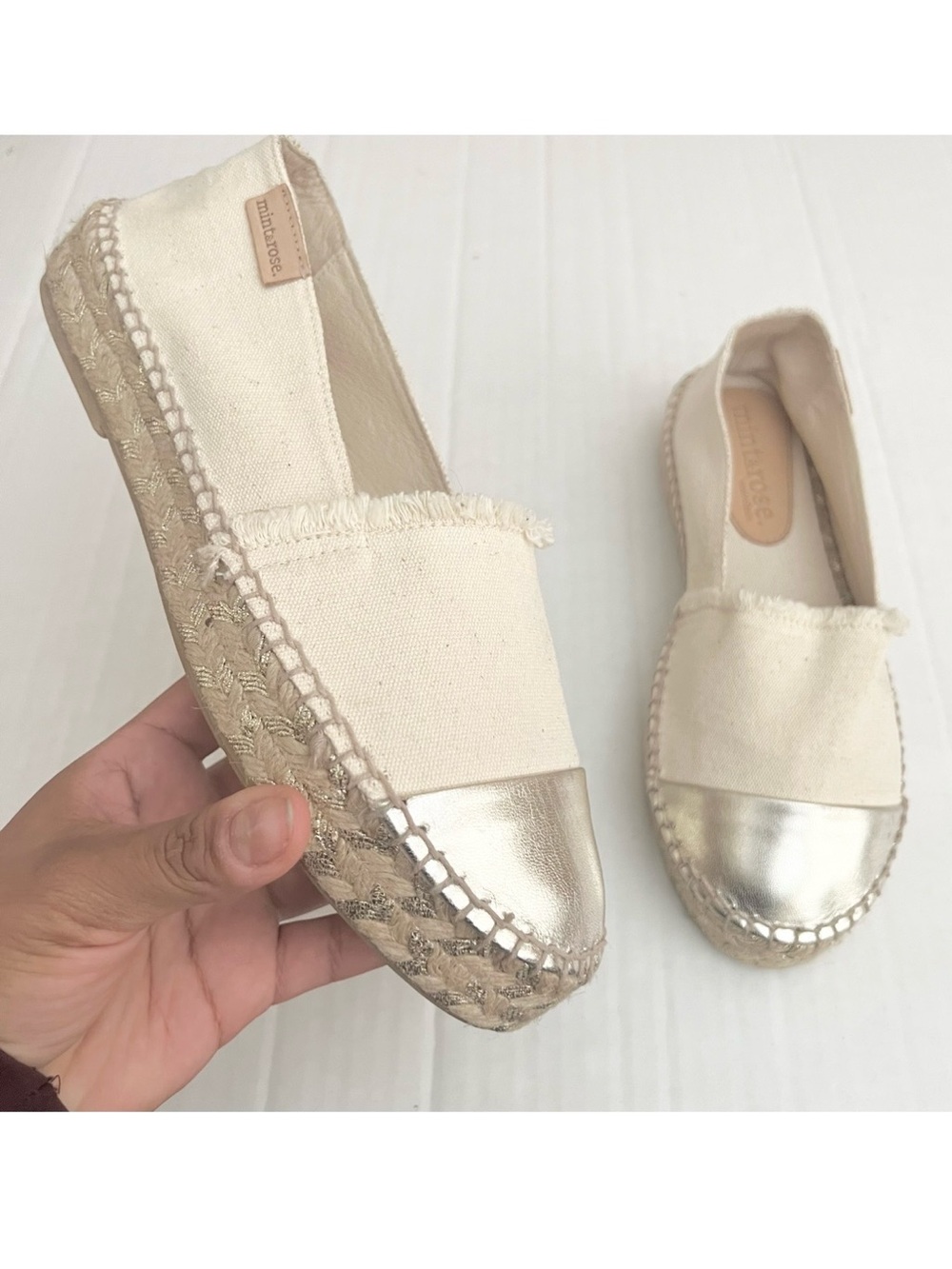 Mint & Rose | Cream Canvas Espadrille with Metallic Gold Toe Cap Flats
